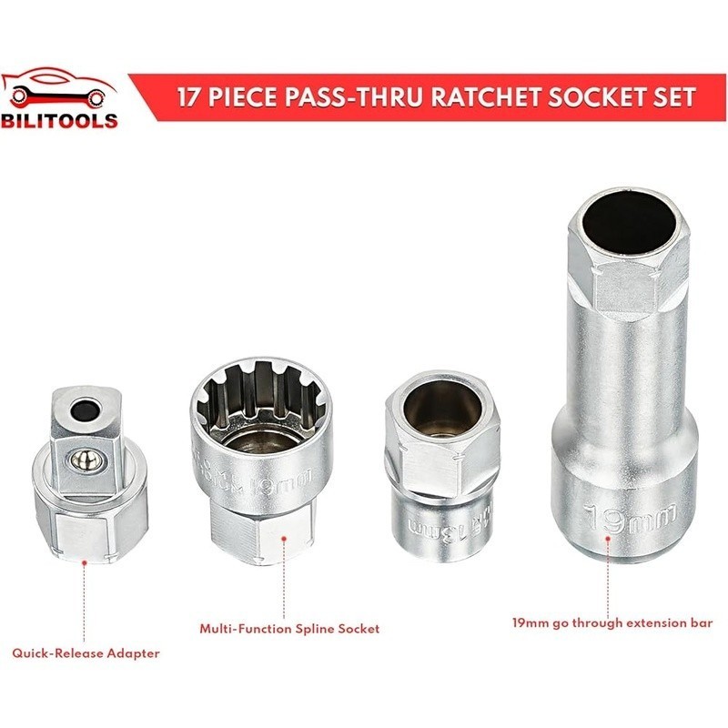 Pass Through Socket Set 19mm Ratchet Wrench Chrome Vanadium Steel 17 Pieces New gallery