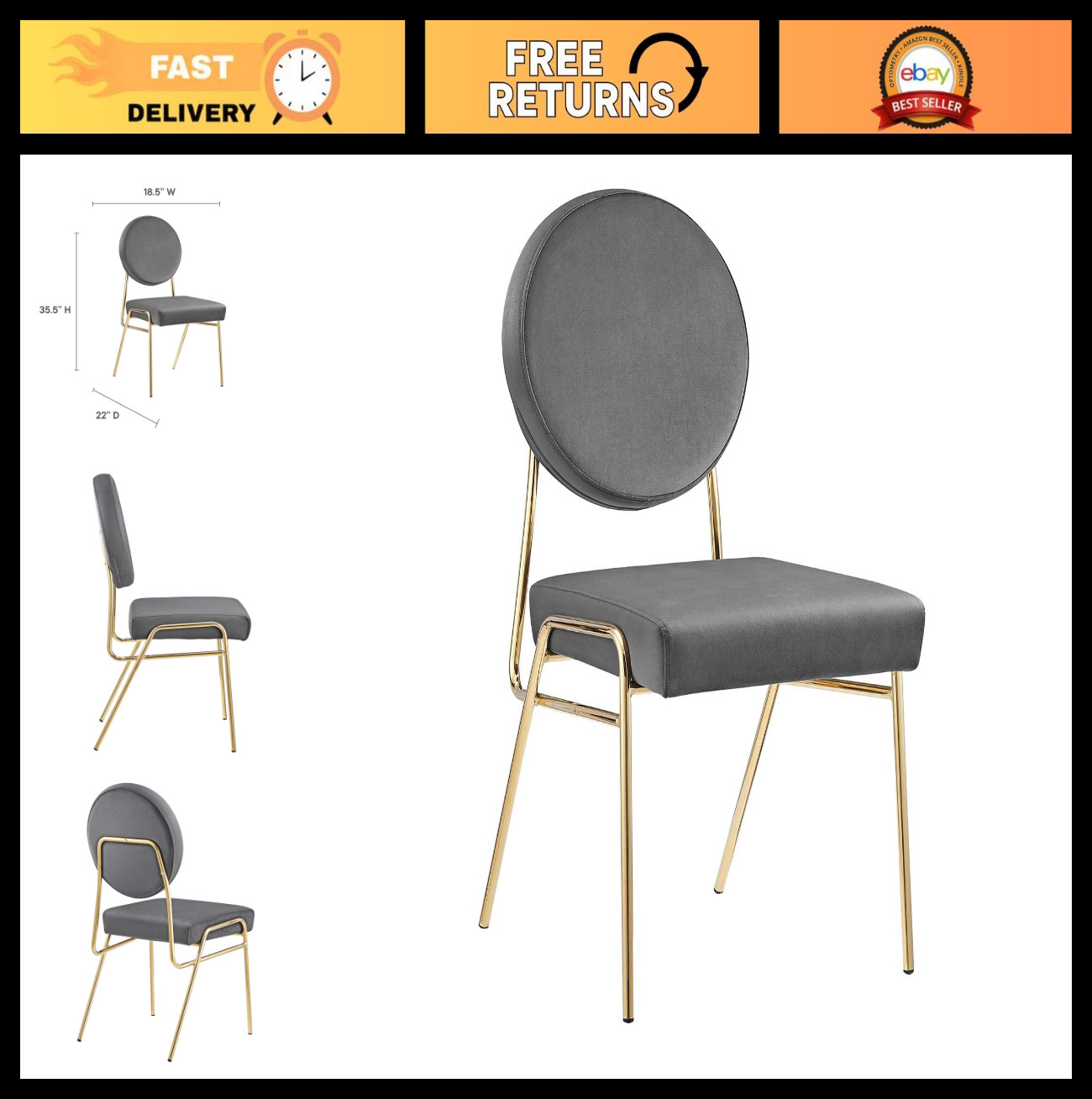 Velvet Upholstered Side Dining Chair - Modern Design, Gold & Gray, Stylish Comfo gallery