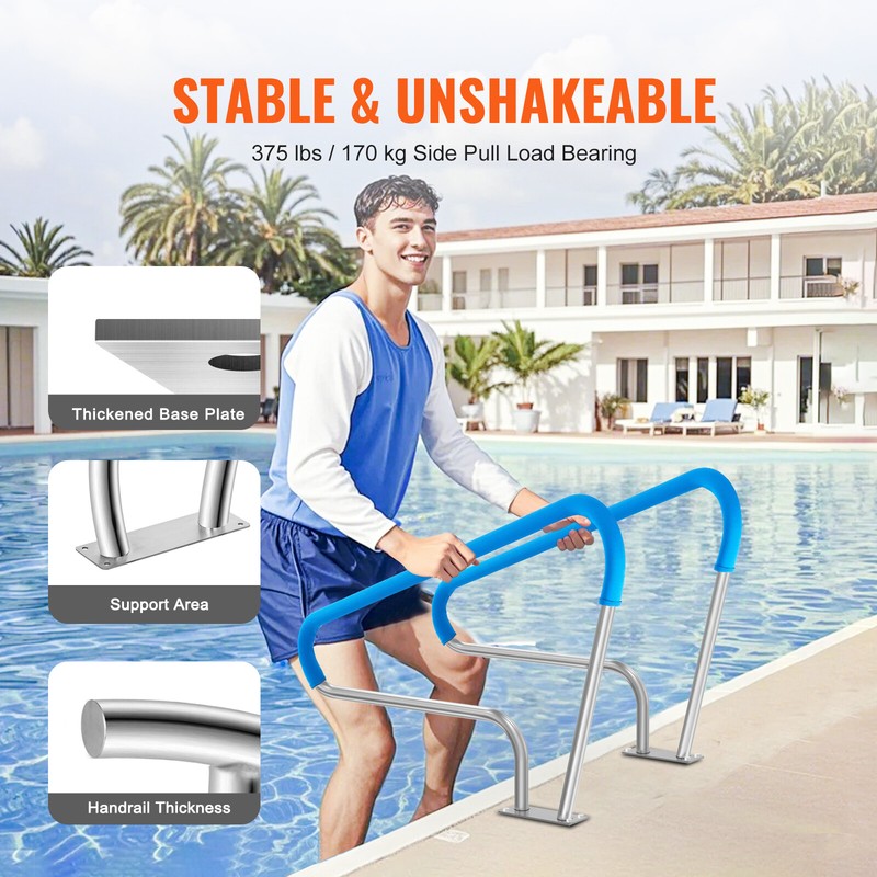 VEVOR Swimming Pool Handrail 2 Pack 48" x 36" Stainless Steel with Base Plate gallery