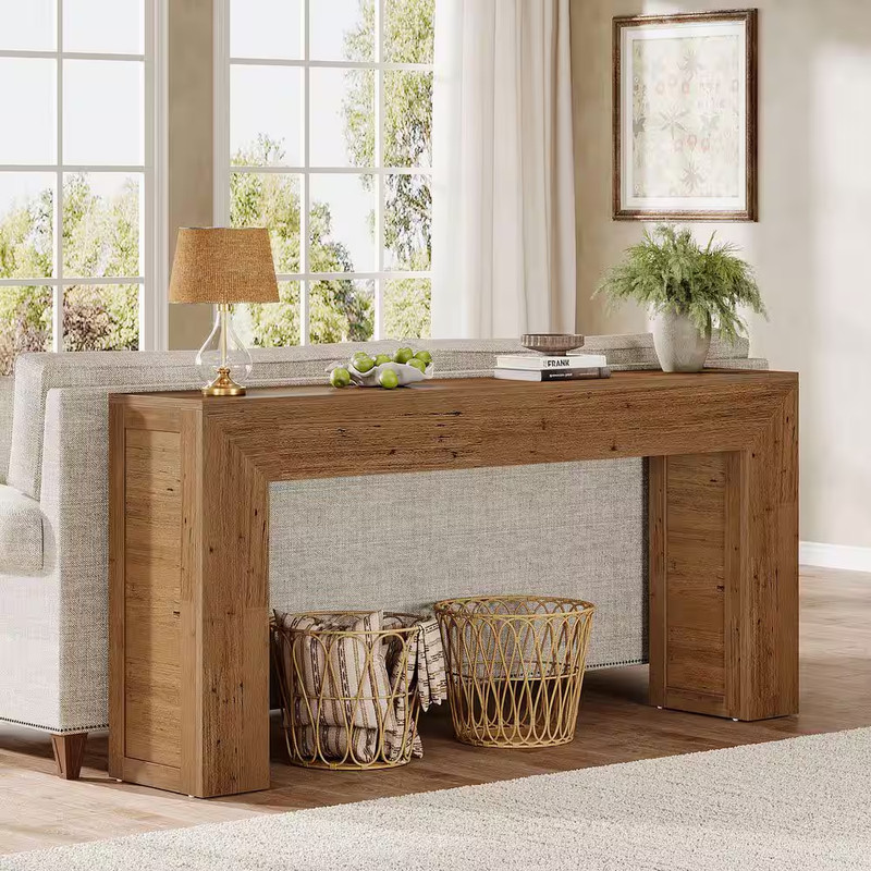 63 In. Brown Rectangle Engineered Wood Console Table, Sofa Table behind the Couc gallery