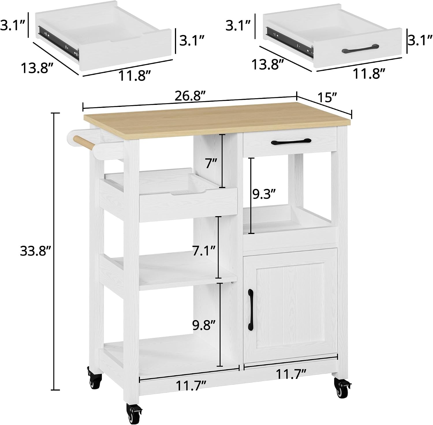White Natural Wood Rolling Kitchen Storage Cart gallery