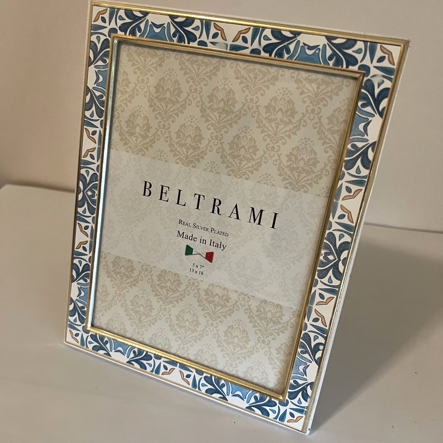 Beltrami Silver Plated 5x7 Picture Frame Blue Floral Made In Italy gallery