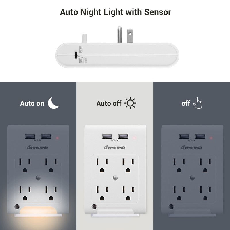 DEWENWILS Multi Wall Plug Outlet Adapter w/ 2 USB Ports Light Sensor Night Light gallery