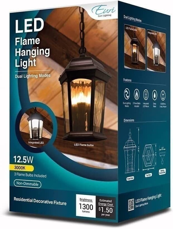 Euri Lighting EHL-130W-MD, Flickering Flame Hanging Lantern with Security... gallery