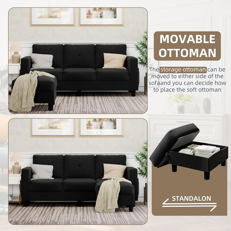 Convertible Sectional Sofa with Storage Ottoman, 77” L-Shaped 3-Seat Couch with gallery