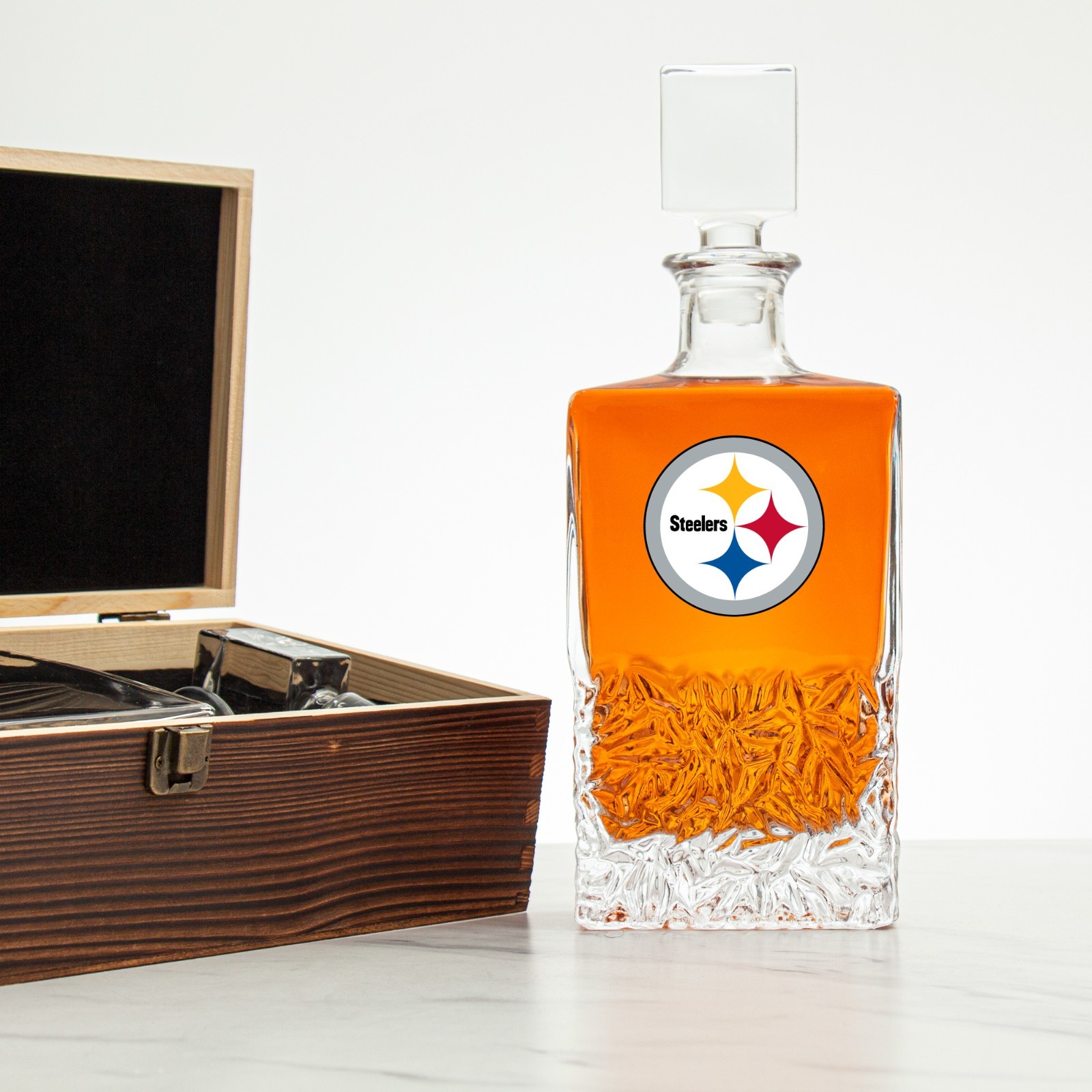 Pittsburgh Steelers – Full Color Logo Football Decanter Set with Rustic Wood Box gallery