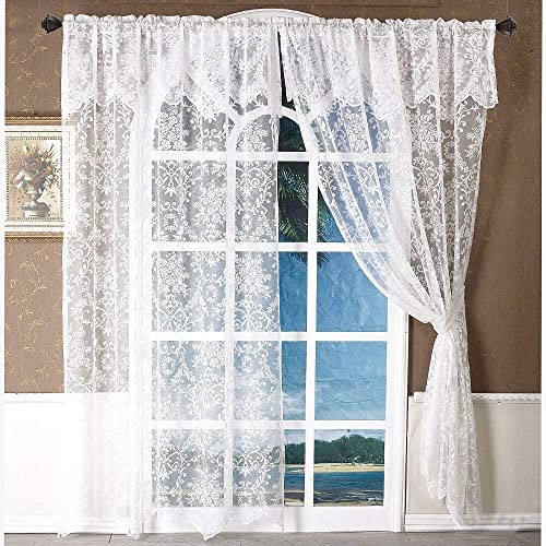 84 Inch Lace Curtains with Valances Attached 2 60"W x 84"L (Pack of 2) White gallery
