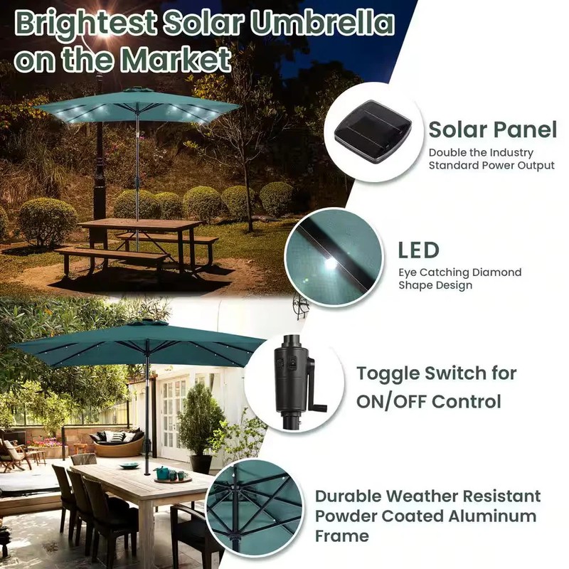 Sun-Ray 9x7 ft Rectangular Solar Lighted Market Patio Umbrella Hunter Green gallery