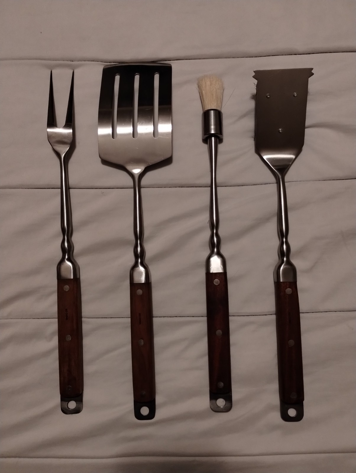 FOUR PIECE BBQ GRILL TOOL SET WOOD HANDLES NEW NICE gallery
