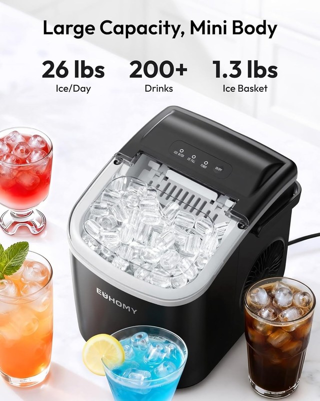 EUHOMY Countertop Ice Maker Machine with Handle, 26lbs in 24Hrs, 9 Ice Cubes Rea gallery