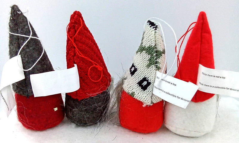 Wee Gnome Ornaments Snowflake Knit Hats Red Gray White Wood Nose Beard Set of 4 gallery