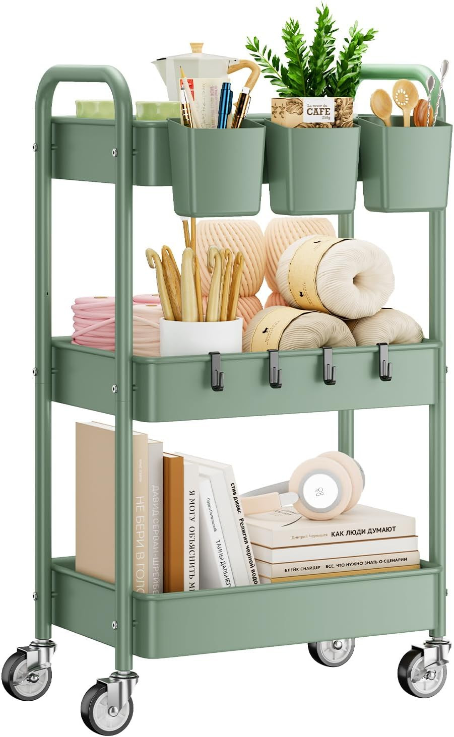 3-Tier Rolling Cart, Green, 66 Pounds Capacity, Mesh Storage Organizer with Lock gallery