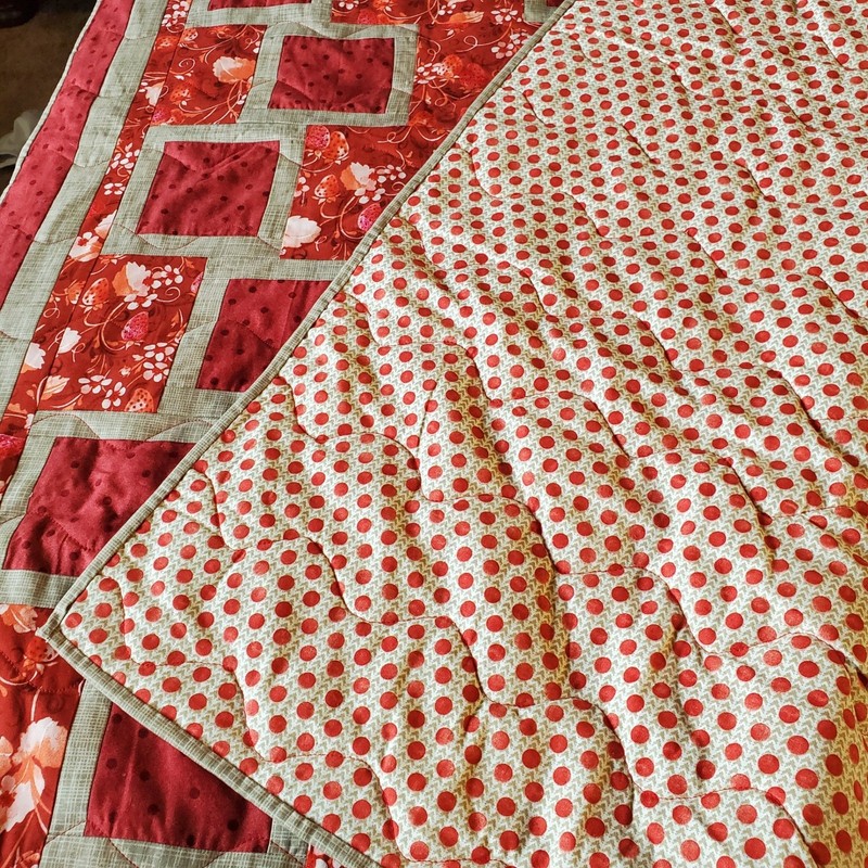 Handmade Strawberry Floral Quilted Throw Blanket Red & Tan lap quilt gallery