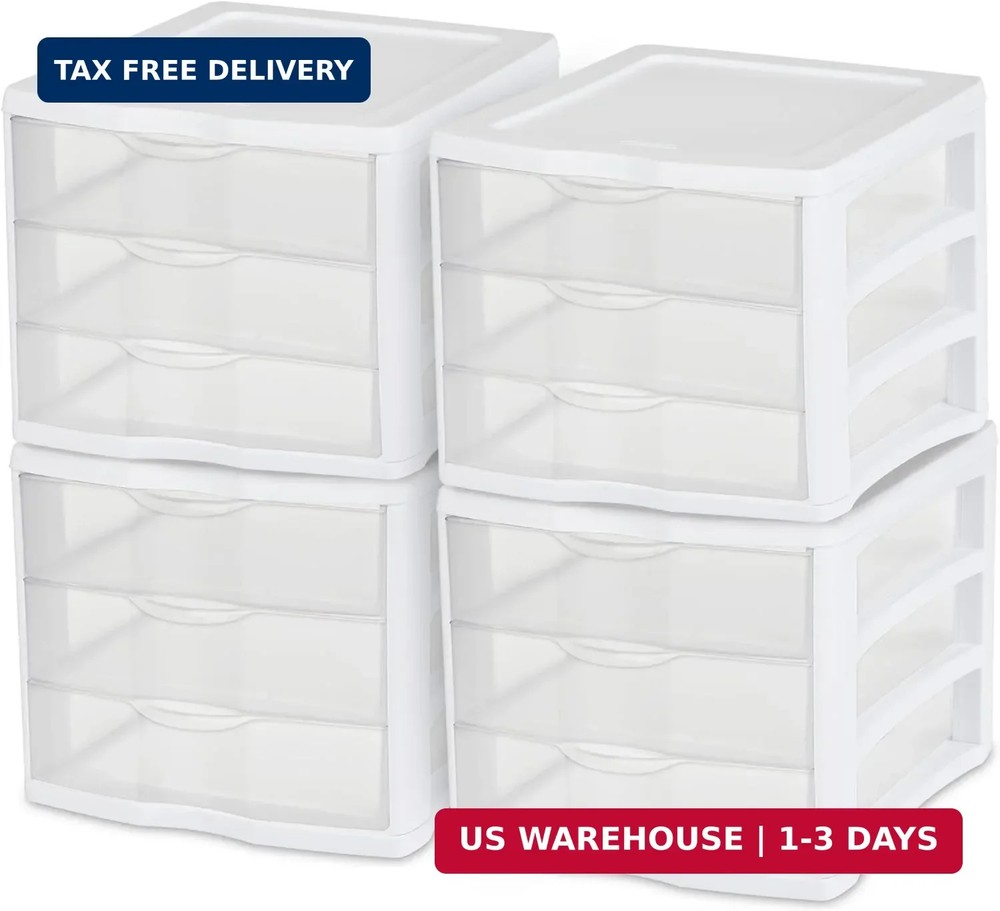Sterilite 4-Pack 3 Drawer Unit, Stackable Plastic Organizer with Drawers, White