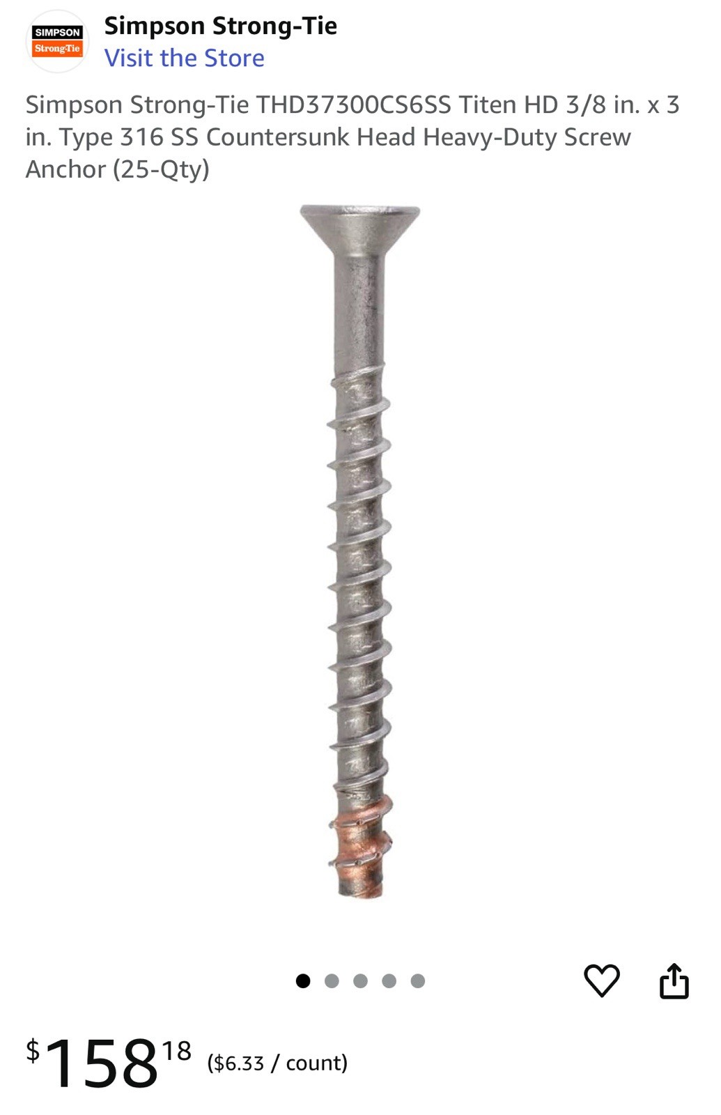 Simpson THD37212CS6SS Titen HD 3/8 in. x 3 in. Type 316 SS Countersunk Head gallery