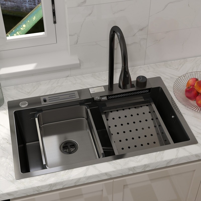30" Multi Purpose Kitchen Sink Stainless Steel Single Bowl W/ Waterfall Faucet gallery