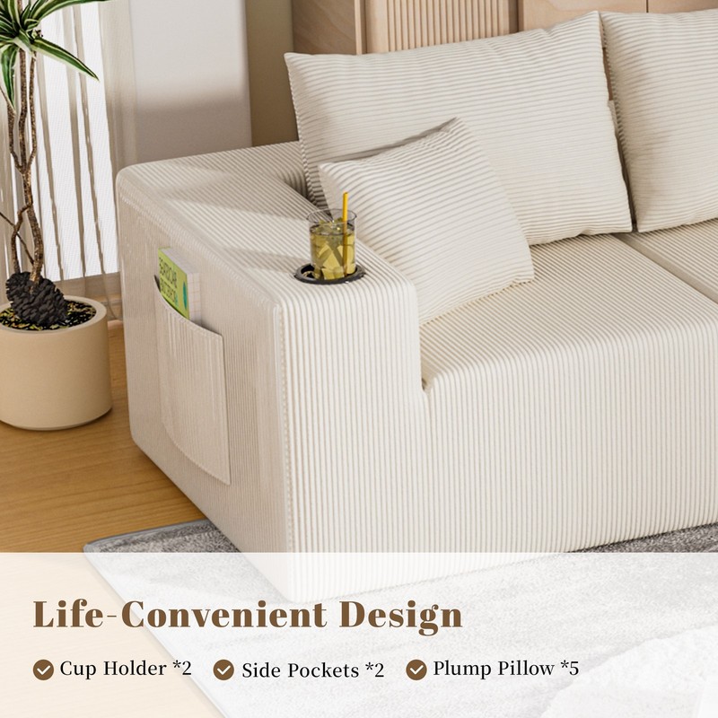 Modern Sectional Couch L-Shape Modular Sofa Three-piece Foam Corduroy Plush Soft gallery