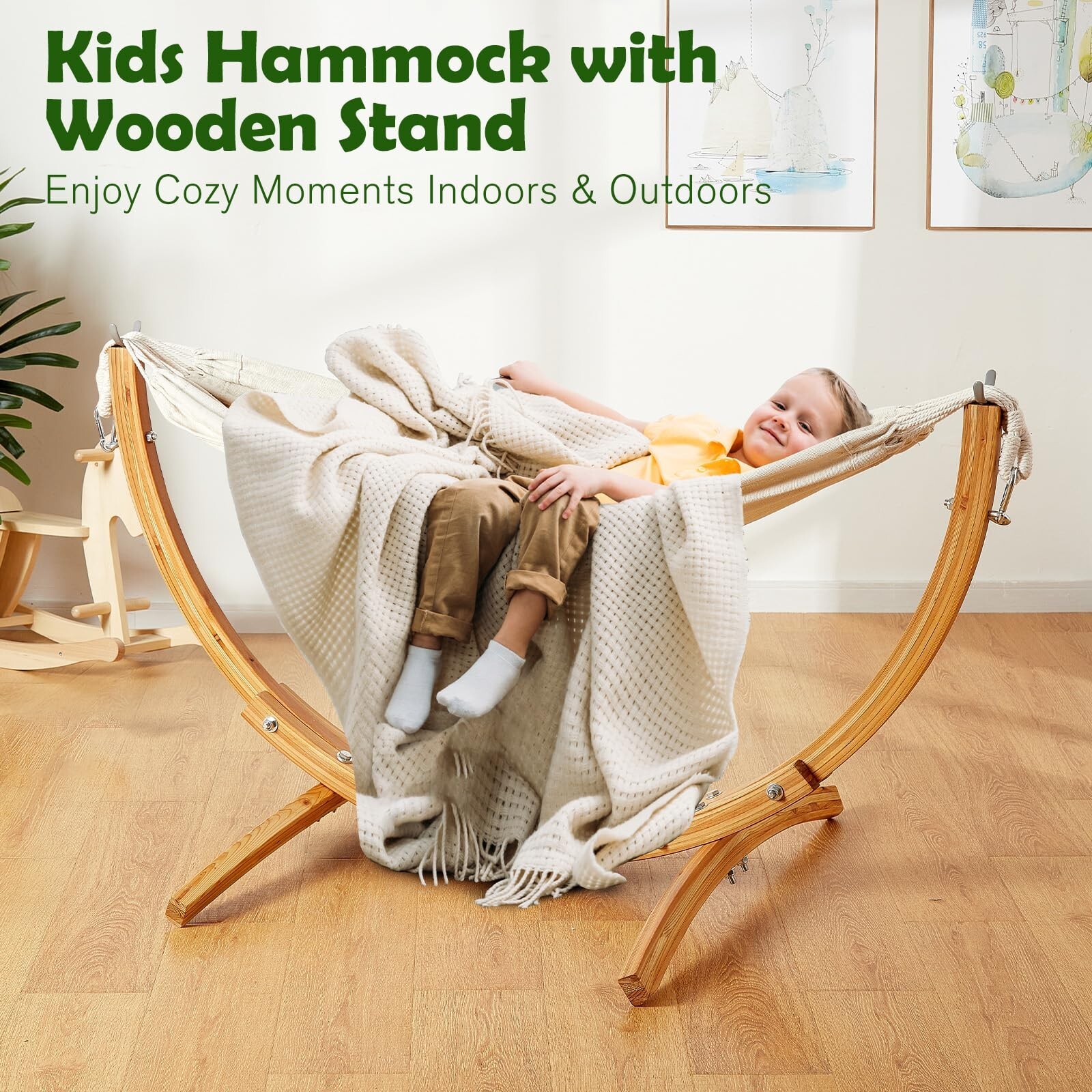 FUNLIO Wooden Hammock with Stand for Kids 3-5 Years, Premium Solid Wood Kids ... gallery