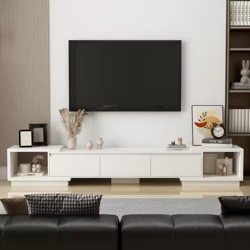 Extendable TV Stand Entertainment Center White Wood Media Console Fits 120 In. w gallery