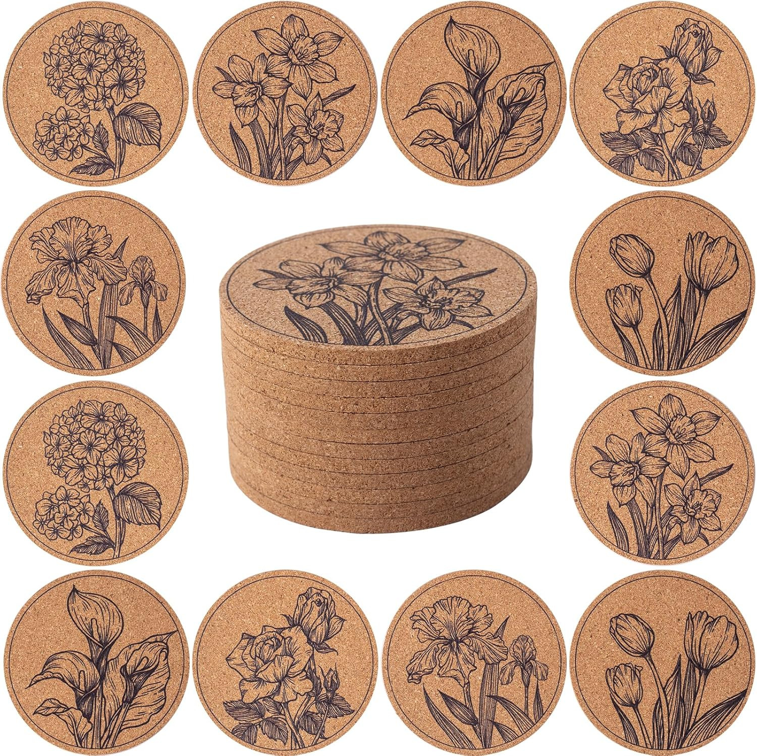 12 Pack Cork Coasters Round Absorbent Drink Pads Decorative Patterns Home Set gallery