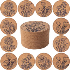 12 Pack Cork Coasters Round Absorbent Drink Pads Decorative Patterns Home Set