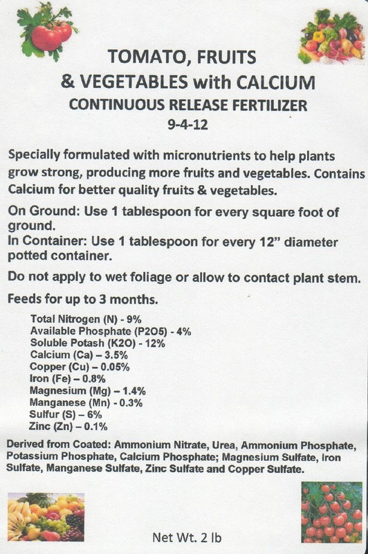 FERTILIZER TOMATO, FRUIT & VEGETABLE 9-4-12 with CALCIUM Continuous Rls 2 LB BAG gallery