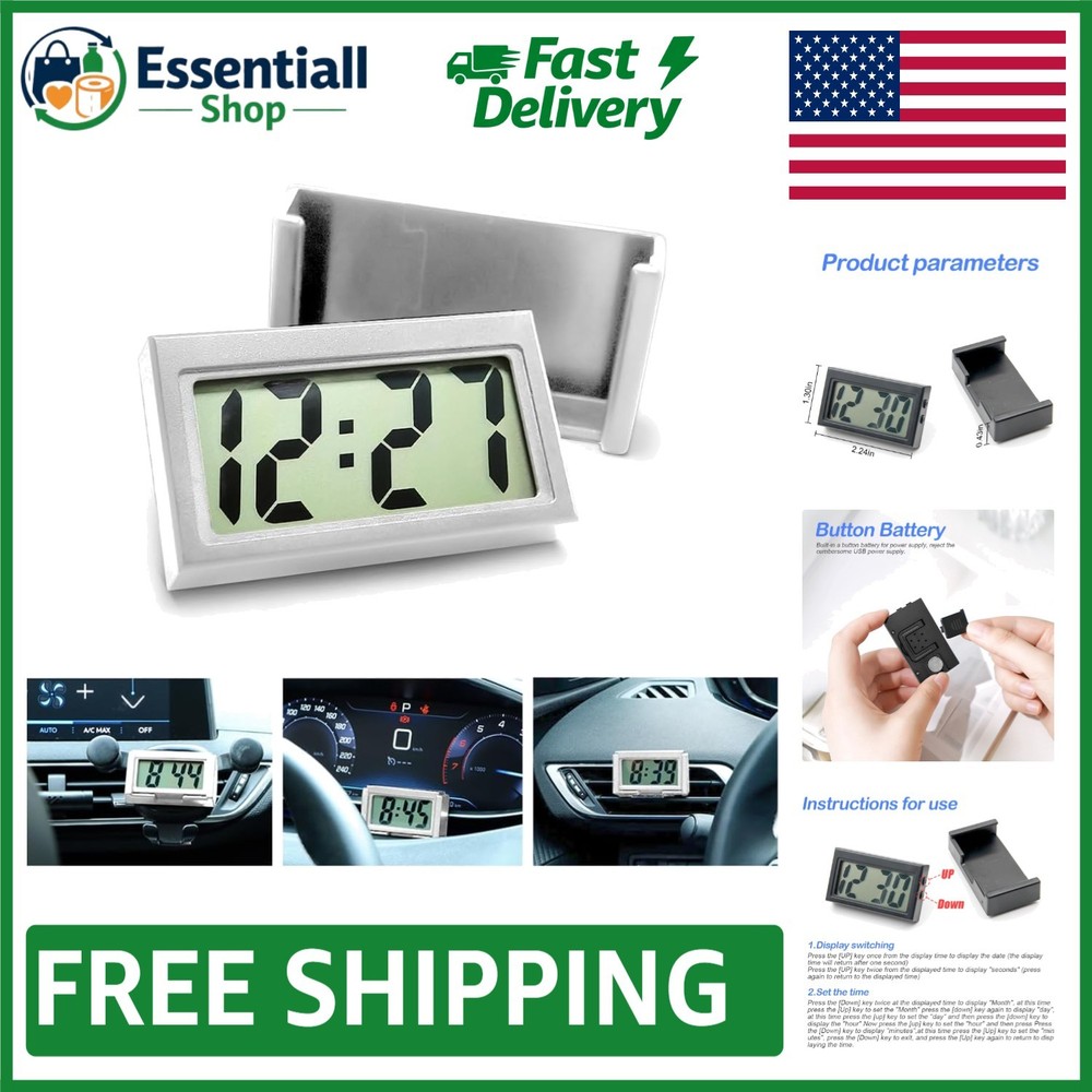 Compact Mini Digital Clock for Car Dashboard – Battery Operated & LCD Display