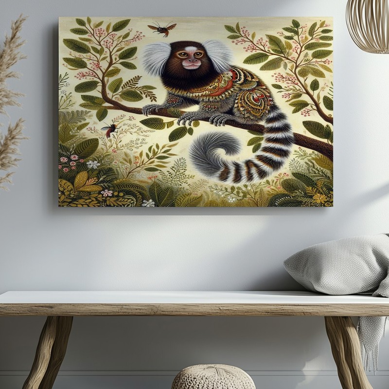 Whimsical Small Monkey on Branch with Detailed Foliage Canvas Wall Art Print gallery