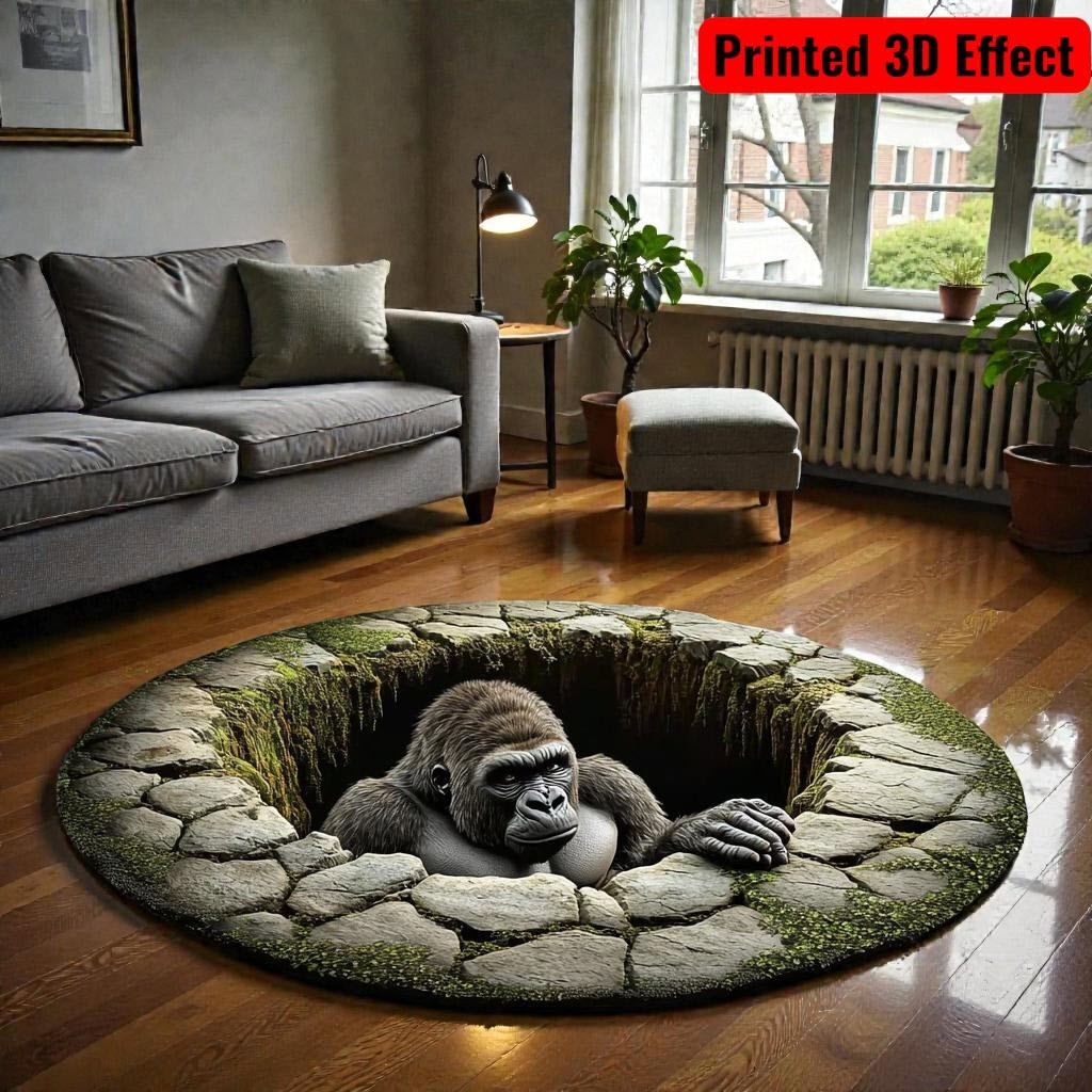 3D Bigfoot Illusion Round Rug, Funny Sasquatch Hole Floor Mat Home Decor Art gallery
