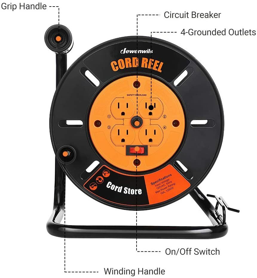 DEWENWILS Extension Cord Reel Open Power Storage Reel with 4-Grounded Outlets gallery