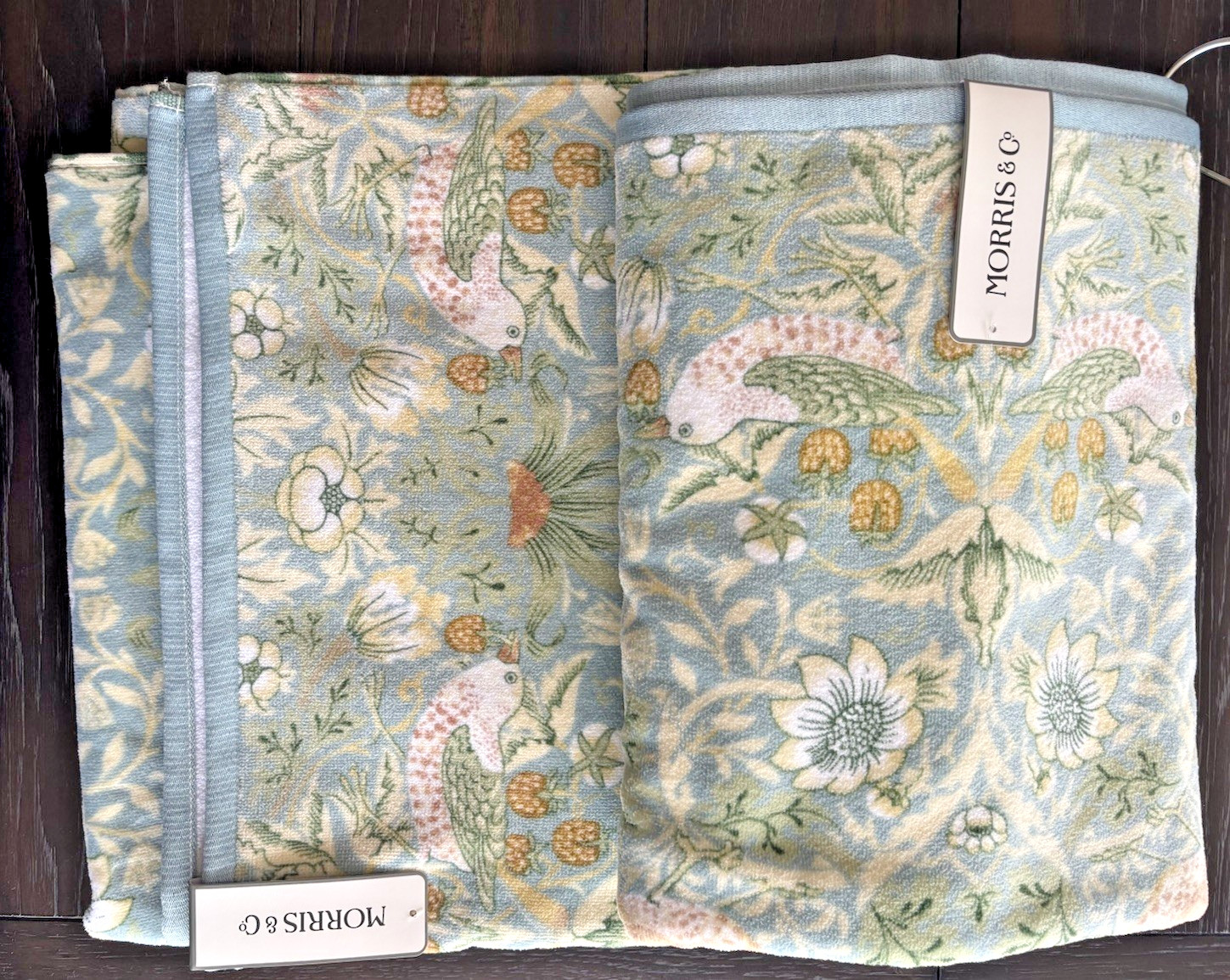 2 Pc William Morris Strawberry Thief Bird Velour Green Multi Bath Towels Set gallery