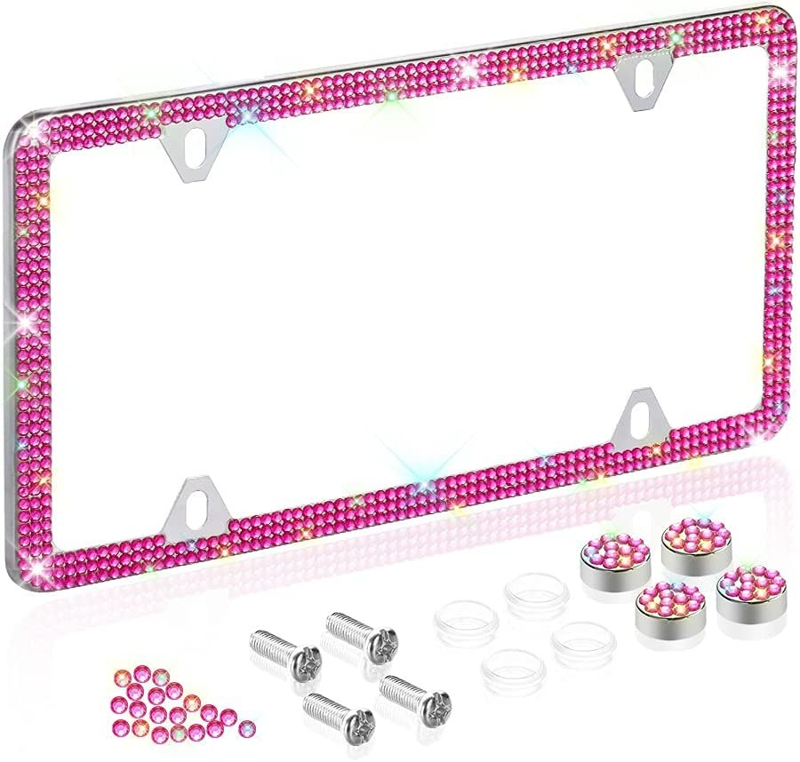 Bling License Plate Frames Stainless Steel 4 Holes 3 Row Slim Design with Car Li