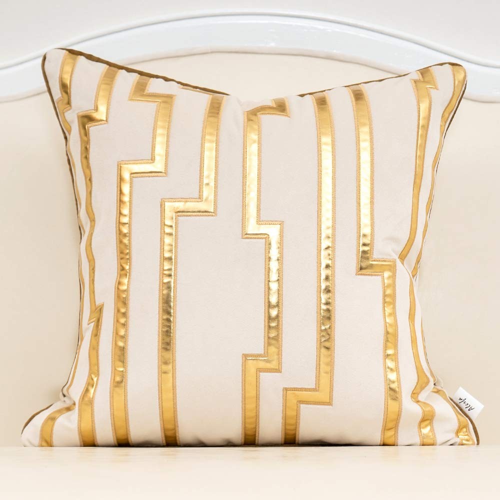 Gold Leather Striped White Throw Pillow Cover 20x20 Inch, Geometric Luxury De... gallery