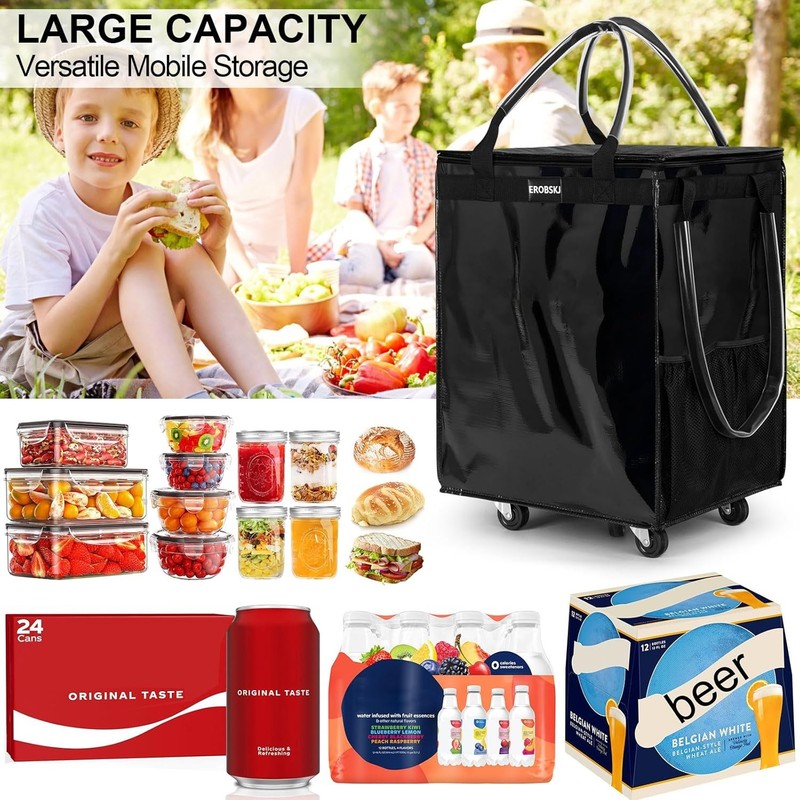 Large,Black) Reusable Grocery Bag on Wheels, Foldable Rolling Tote, Carries Up gallery