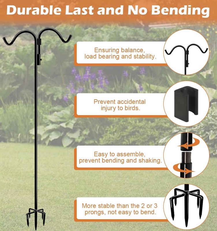92 Inch Double Shepherds Hook for Outdoor with 5 Prong Base, Adjustable Heavy... gallery