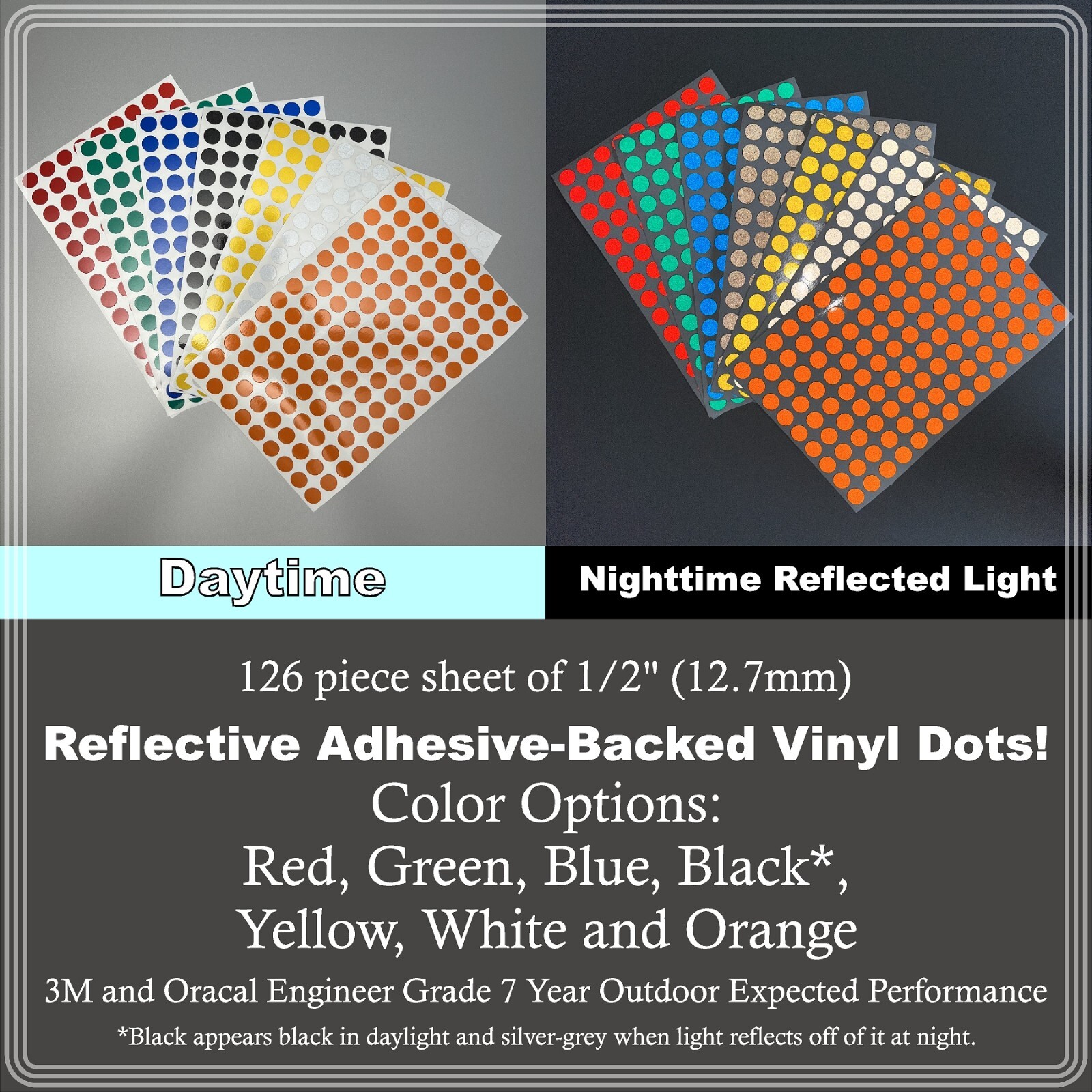 1/2" (12.7mm) Reflective Adhesive Dots Sheets of 126 Stickers 7 Color Options gallery