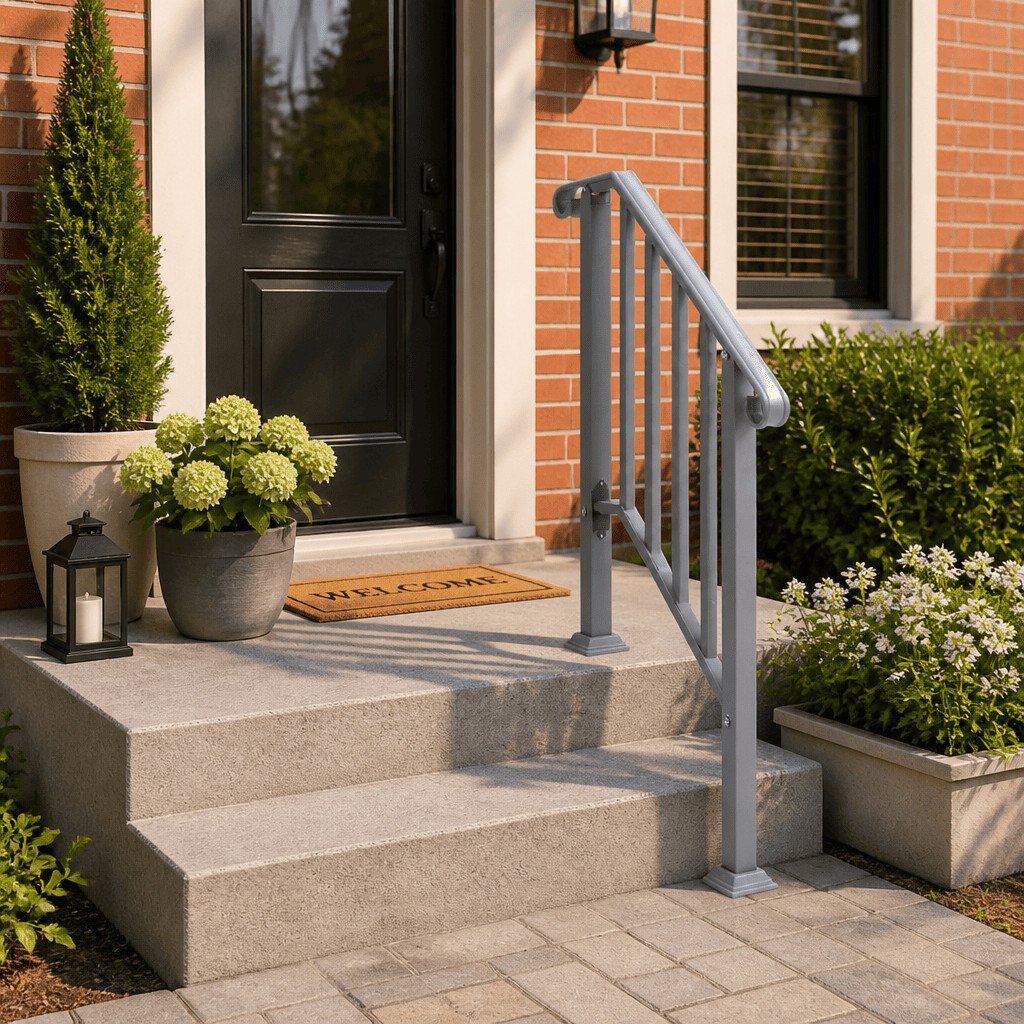 Outdoor Handrail for 2 Steps Silver Galvanized Iron Stair Railing Garden Porch gallery