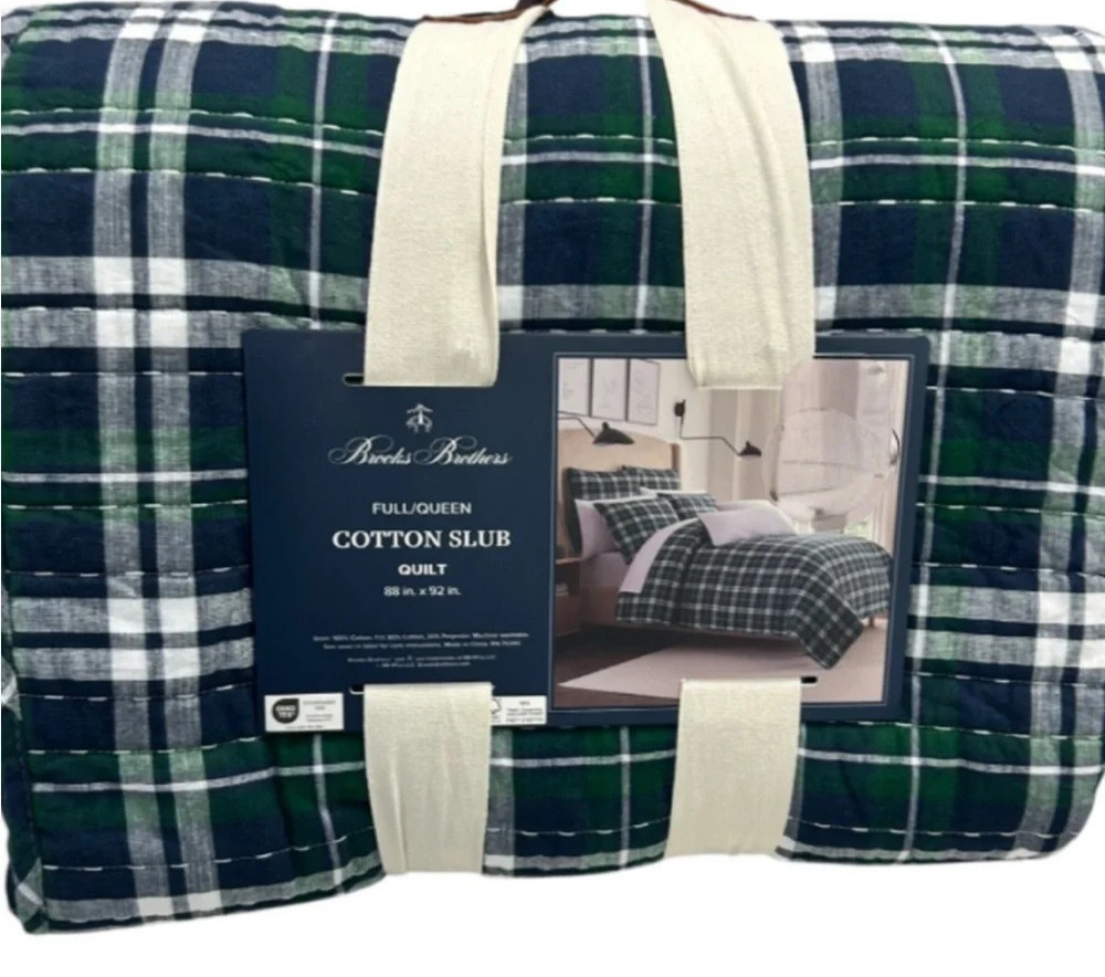 Brooks Brothers Full/Queen Cotton Slub Quilt 88 in x 92 in Blue Green White gallery