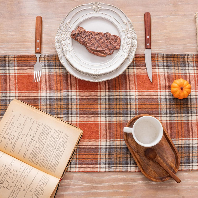 Plaid Fall Thanksgiving Table Runner, Autumn Holiday Rust Orange Table Runners 7 gallery