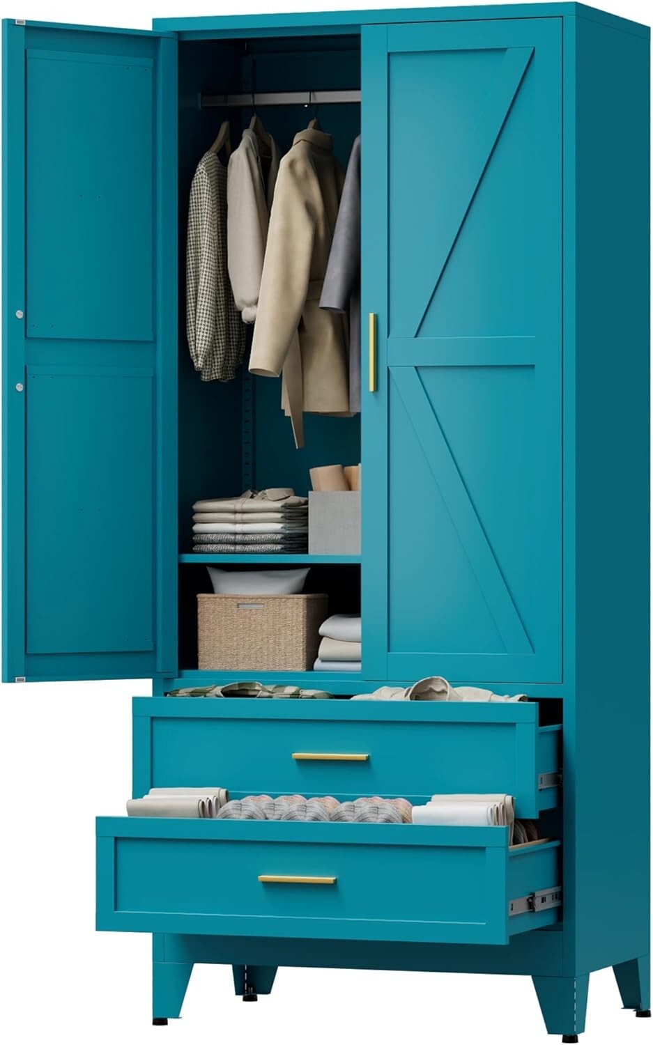 Elegro 71"H Metal Wardrobe Cabinet With 2 Drawers and Hanging Rod For Bedroom gallery