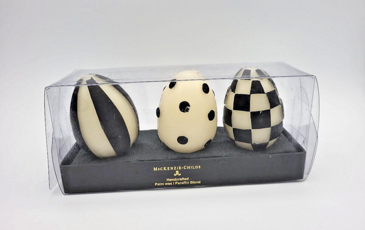 Set of 3 Mackenzie Childs Handcrafted Black/White Egg-Shaped Candles Palm Wax gallery