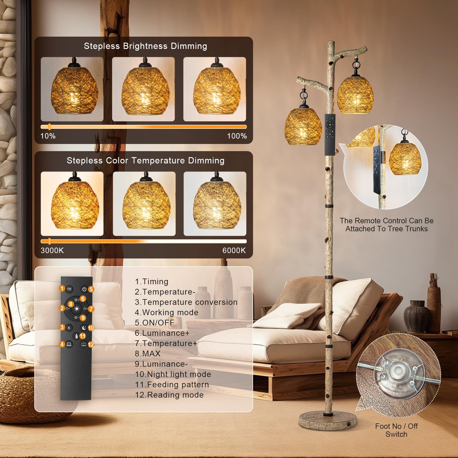 Floor Lamp 68.5 Rustic Farmhouse Remote Control Birch Tree Scenekoy Switch Bird gallery