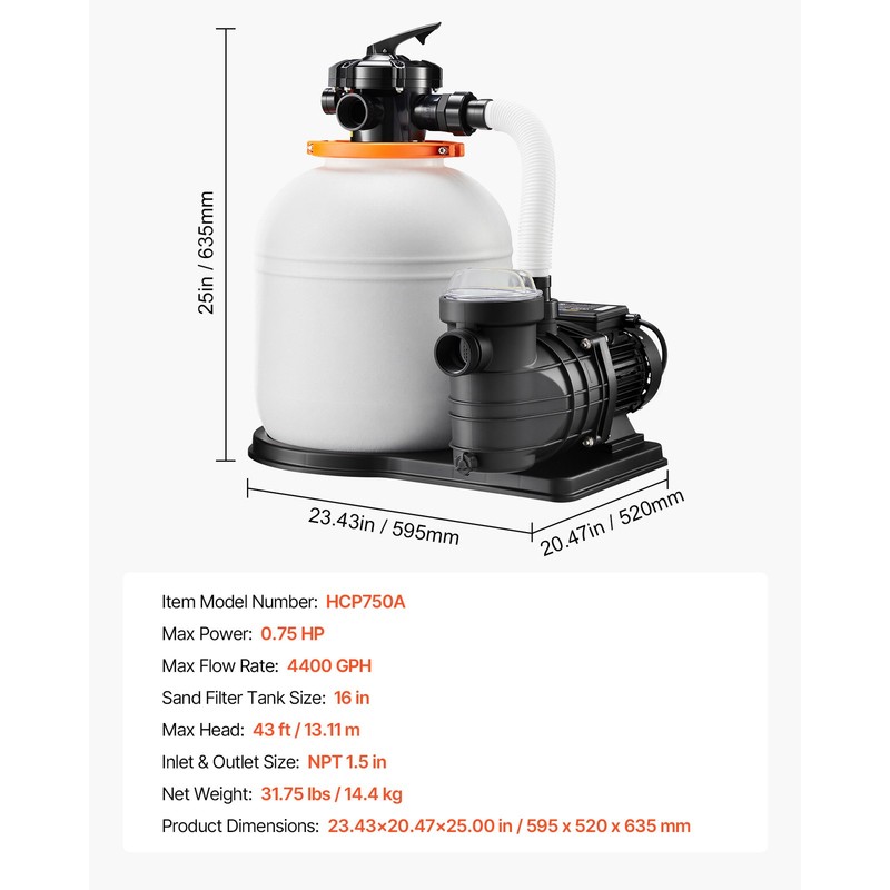 Uimoso 16" Sand Filter Pump with Timer, 4400 GPH, 0.75HP for Above Ground Pools gallery