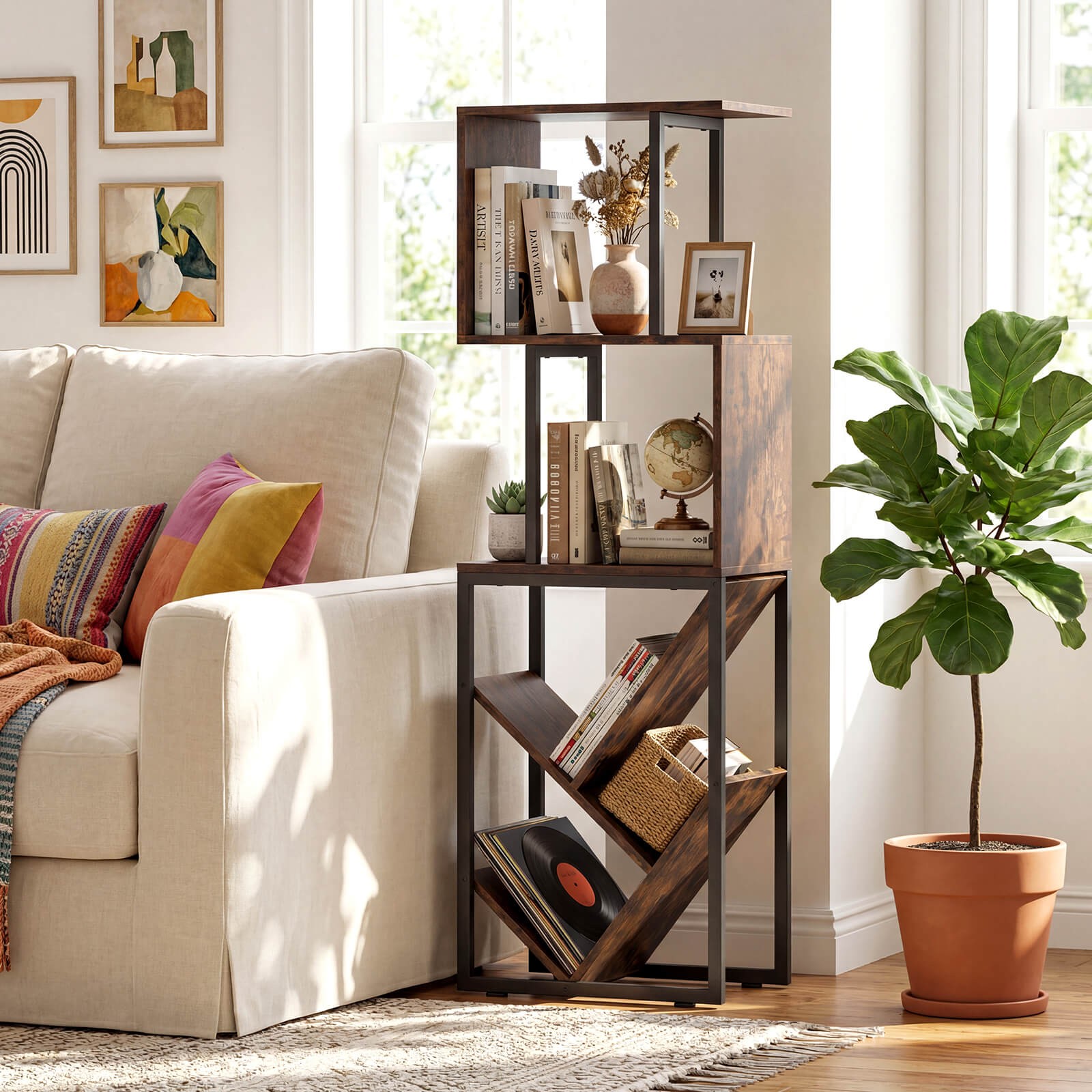 2PCS 6-Tier Bookshelf, Industrial Geometric S-Shaped Bookcase w/ Display Shelves gallery