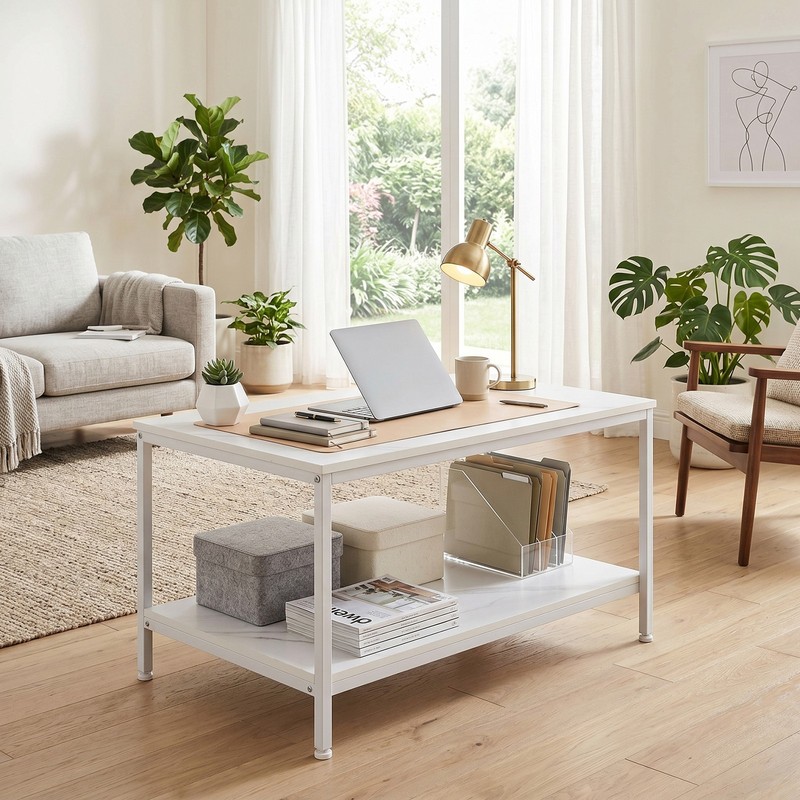 31'' Rectangle White Coffee Table with Storage Shelf Metal Feet for Living Room gallery