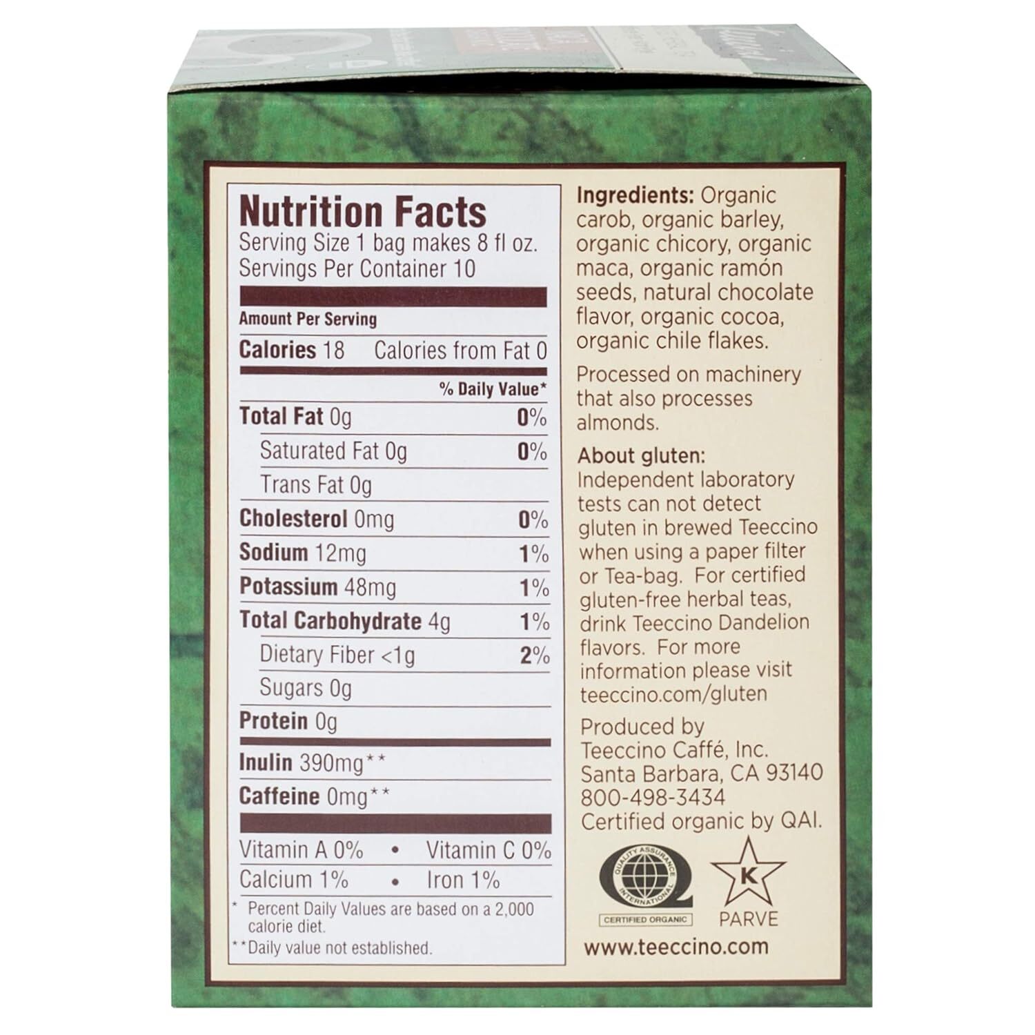 Teeccino Herbal Coffee Chocolate Dark Roast 10 Tea Bags 10 Bag gallery