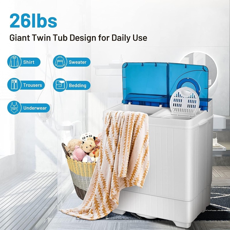 Portable Full-Automatic Top Load Washing Machine, 26lbs Capacity - Blue & White gallery