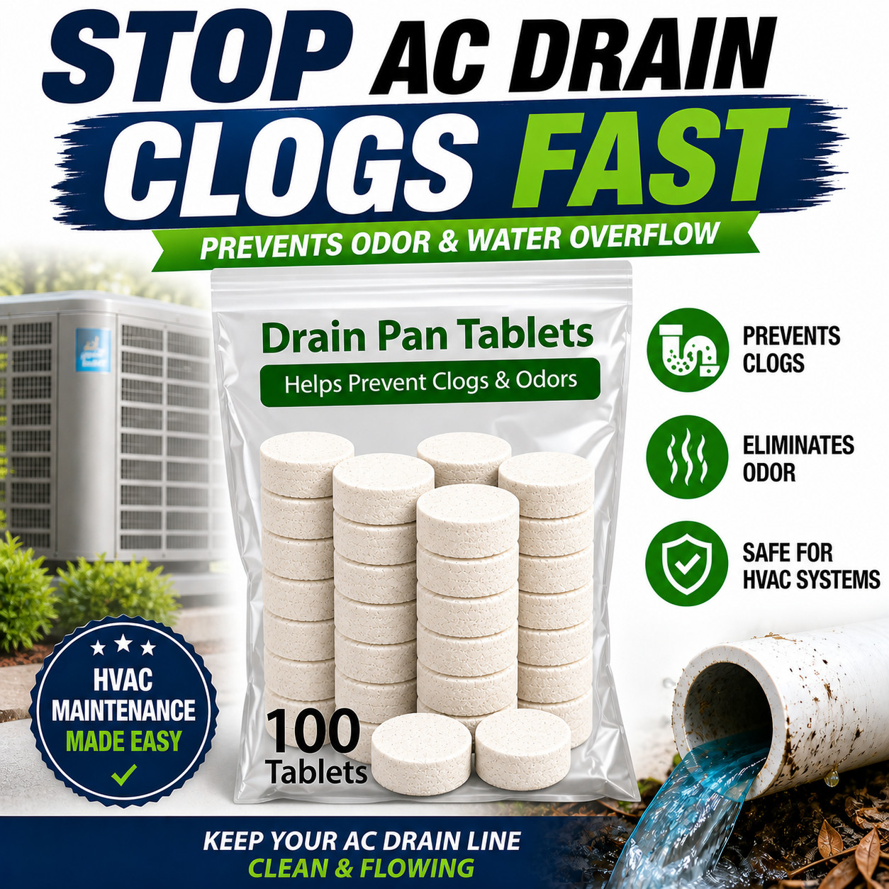 100 AC Drain Pan Tablets HVAC Condensate Line Cleaner Prevent Clogs Odor gallery