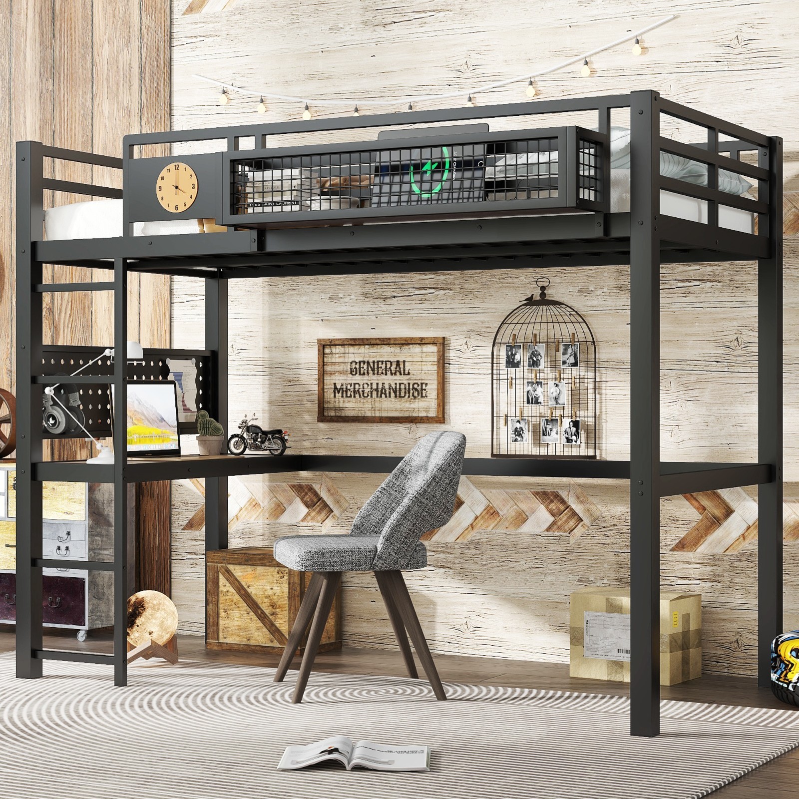 Twin XL Size Loft Bed Frame with Desk,Storage Basket,Clock and Charging Port gallery