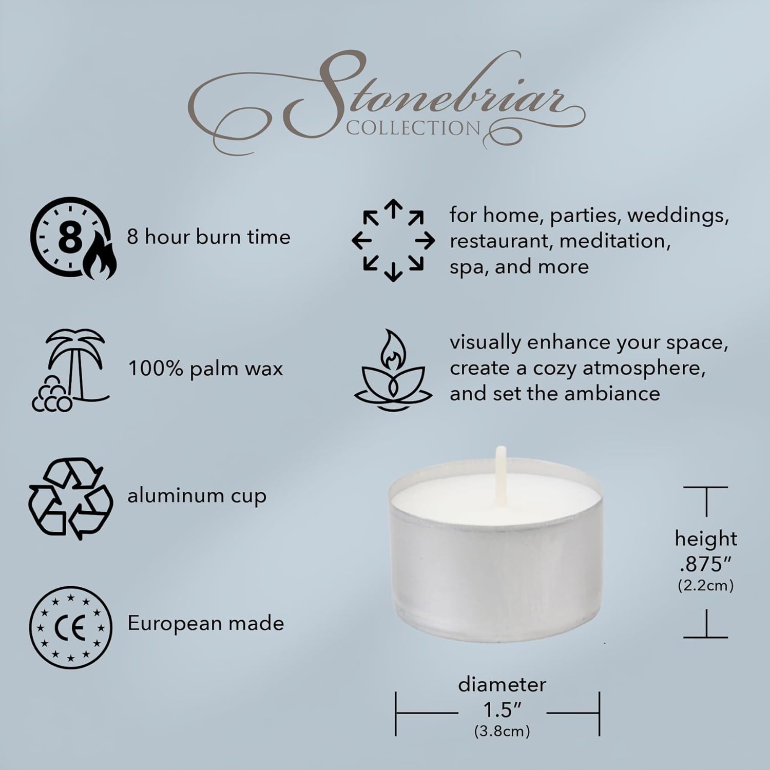 Stonebriar 100 Pack Unscented 8 Hour Extended Burn Time Tea Light Candles White gallery